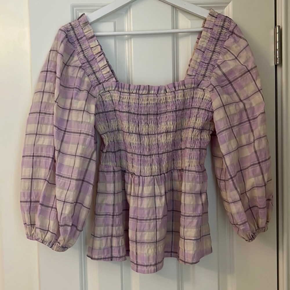 Ganni Seersucker Check Smocked Top